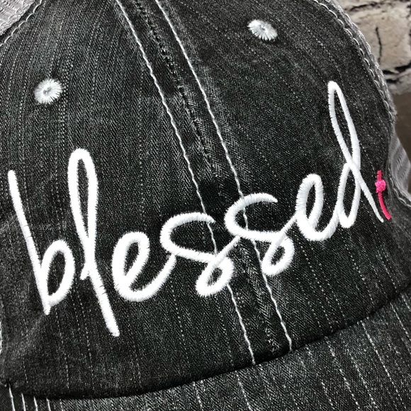 "Blessed" Embroidered & Distressed Trucker Cap - Picture 2 of 8